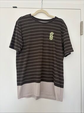 Nike Dark Brown & Gray Striped Short Sleeve Tee with Yellow Accent Logo - Kyrie